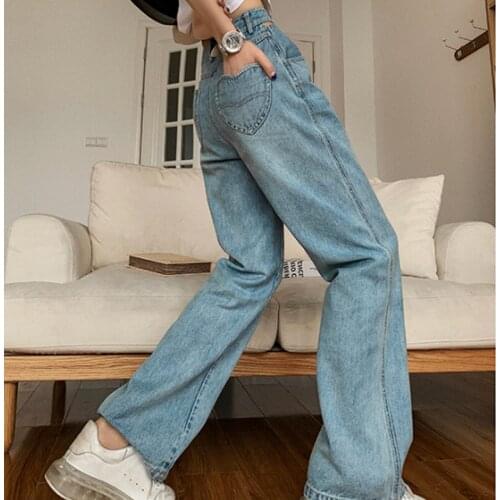 Fashion Light Blue Love Pocket Loose Casual Straight Light Thin Hole Denim Trousers Female Summer New Y2k Baggy Wide Leg Jeans