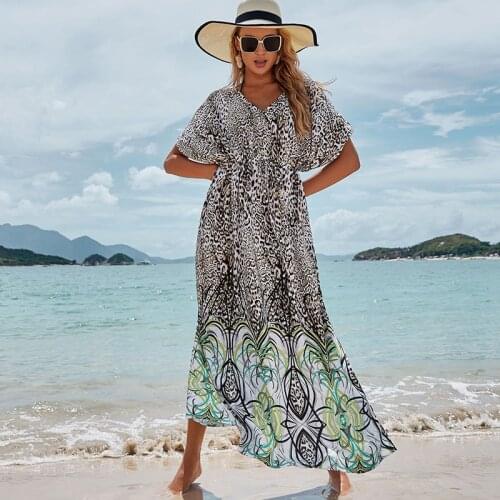 Swimsuit Cover up Leopard Print Boho Maxi Dress 2021 Bathing suit Women Cover ups Vestido Playero Beachwear Robe Femme Pareos