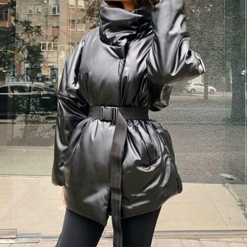 2021 New Cotton Solid Coat with Belt, Ladies Loose Pocket Bubble Thick Down Jacket Ladies Jackets Keep Warm In Autumn and Winter