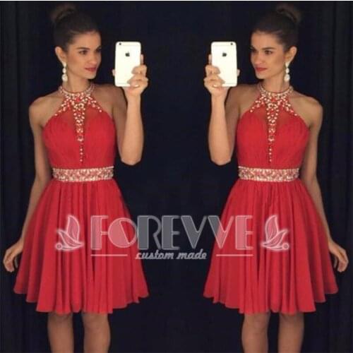 New Red Crystal Short Prom Dress Halter Neck Formal Dress Party Dresses Abendkleider 2019 Robe De Soiree Courte Evening Gown
