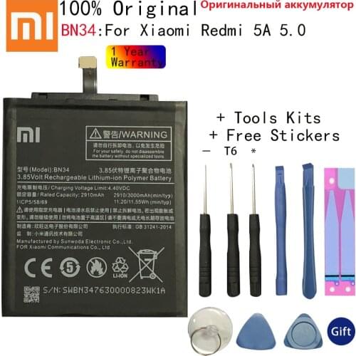 Xiao Mi Original Phone Battery BN34 For Xiaomi Redmi 5A 5.0" Replacement Battery 2910mAh High Capacity Phone Batteries + Tools