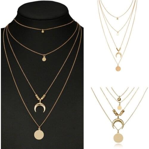 Trendy Multi-Layer Moon Pendant Necklaces For Women Alloy Charm Link Chain Necklaces New Fashion Jewelry Gifts Free Shipping