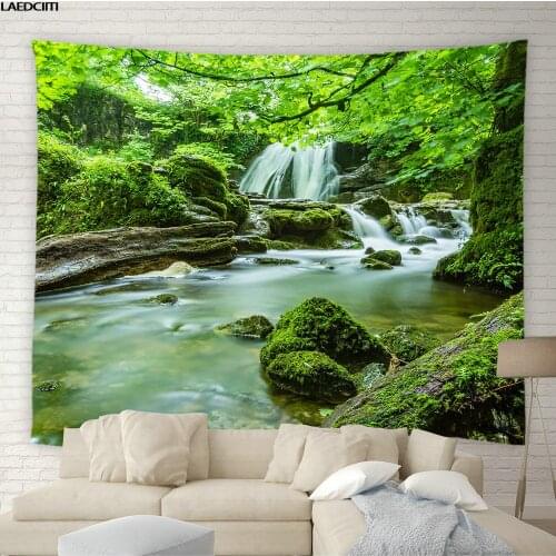 Natural Forest Waterfall Landscape Tapestry Green Trees Park Scenery 3D Background Wall Hanging Living Room Bedroom Home Decor