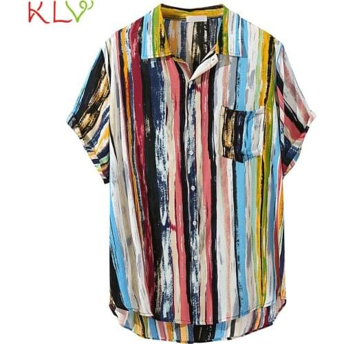 Blouse Shirt Men Summer Rainbow Color Pocket Short Sleeve Retro Casual Shirt Off White Harajuku Top Homme Jogging Clothes 19May