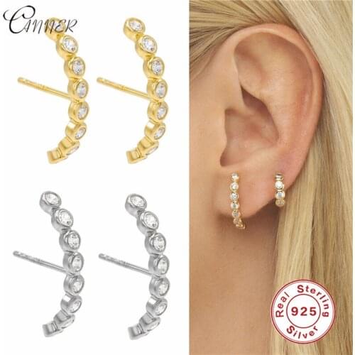 CANNER 925 Sterling Silver Earrings for Women Geometric C Shape CZ Stud Earrings Piercing Ear Jewelry Pesonality Crystal Earring