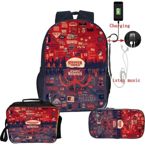 High Quality Stranger Things School Rucksack Boys Girls School Bag Fashion Laptop Backpack(3set / Backpack+lunchBag+pencil Case