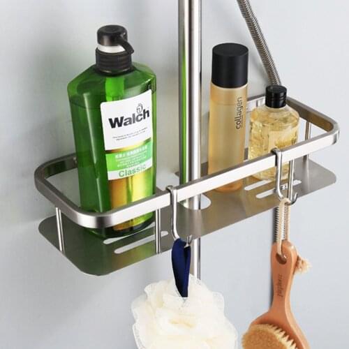 304 Stainless Steel Punching Shower Storage Rack Shower Shampoo Tray Single Tier Bathroom Shelves With Removable Holder