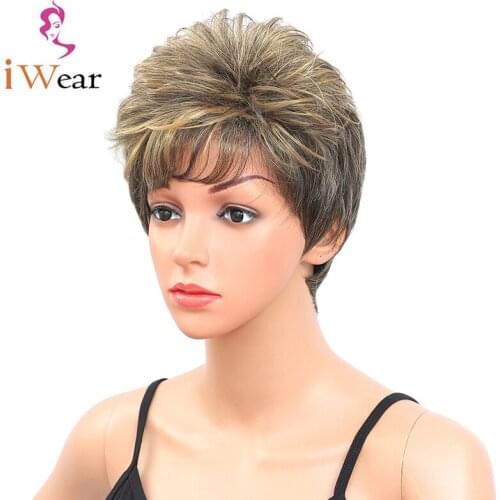 I Wear Natural Synthetic Short Straight Wig Heat Resistant Fiber Brown Mix Blonde Wigs Shaggy Layered Hair Wigs for Women
