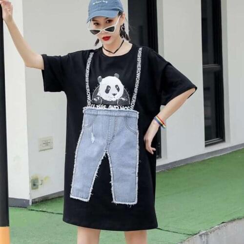 Women Panda Printed T Shirt 2021 Summer Women Denim Patchwork T Shirt Female Casual Letter T Shirt Z652
