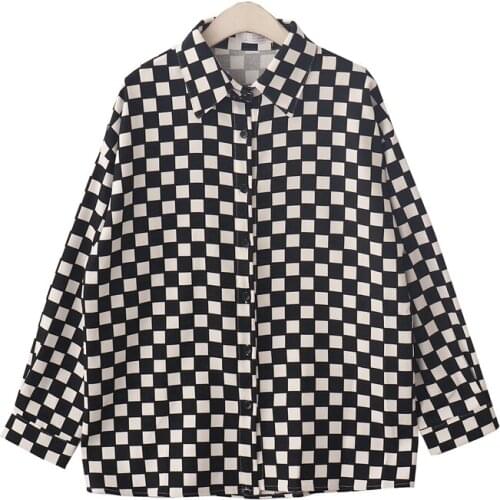 Autumn new black white plaid loose checkerboard shirt women