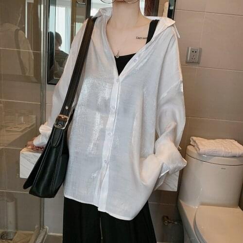2021 New Women Summer Casual Oversize Blouse Batwing Sleeve Shiney Sunproof Shirt Single Breasted Lapel Collar Tops