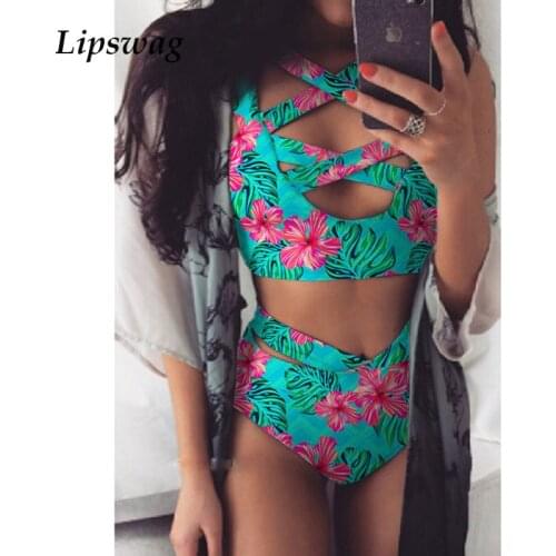 Cross Bandage Hollow Out Women Swimsuits 2021 Bikini Sexy High Waist Floral Print Biquini Elegant Summer Swimwear Bathing Suits