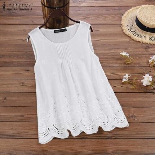 Women Tanks Tops ZANZEA Summer Sleeveless Cotton Linen Blouse Hollow Out Shirt Vintage Embroidery Tops Female Solid Blusas