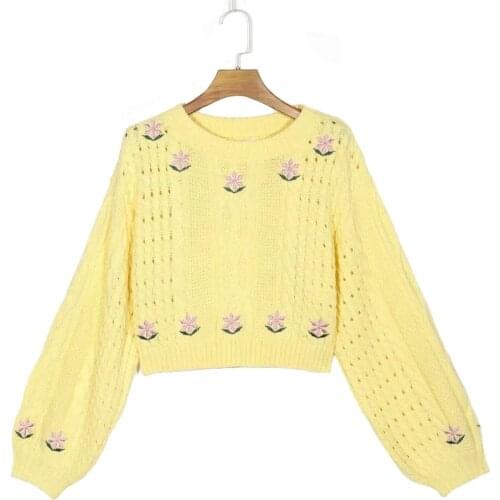 Women Jumper Yellow White Crop Sweaters Vintage Long Sleeve O-Neck Floral Emboidery Knitted Pullover 2021 Autumn Loose Jumper