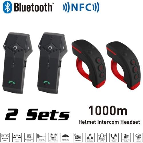 2 Sets 1000M BT Motorcycle Helmet Bluetooth Intercom Interphone Headset with NFC FM Functon + L3 Remote Control