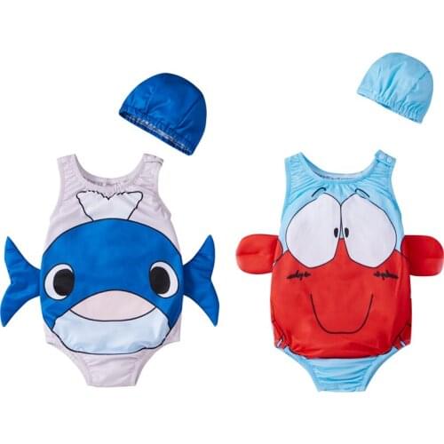 FOCUSNORM 0-4Y Summer Kids Girls Boys Swimwear Hats 2pcs Cartoon Animal Printed Beachwear 2 Colors