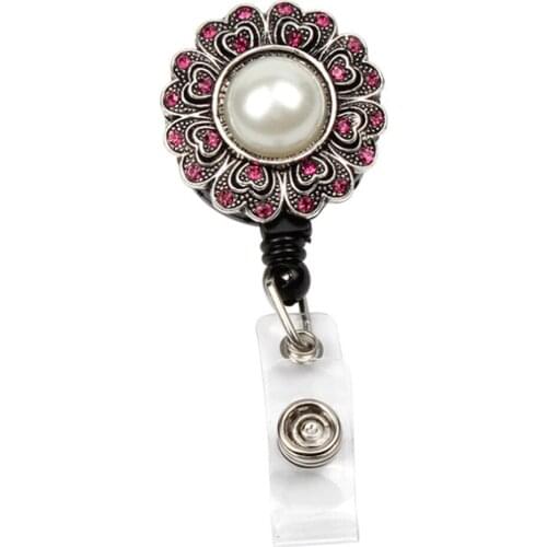 20pcs/lot New Vintage Rhinestone Flower Shape Steel Retractable ID Badge Holder Reel For Gift/Party