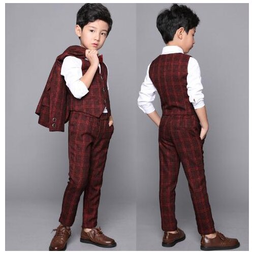 2018 Brand 3Pcs jacket+pant+vest suit winter Formal Wedding boys Suit Top Quality Gentle Boys plaid Suit Children partySuits
