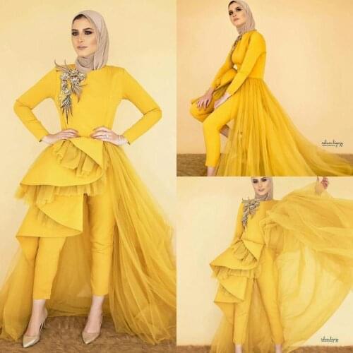 2020 Muslim Prom Dresses with Tulle Overskirt Jumpsuits robes de mariée Long Sleeves Celebrity Evening Gowns Custom Made