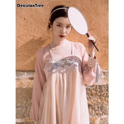 2021 chinese improved hanfu dress female embroidered ancient style costume fairy high waist chiffon long dress kimono dress