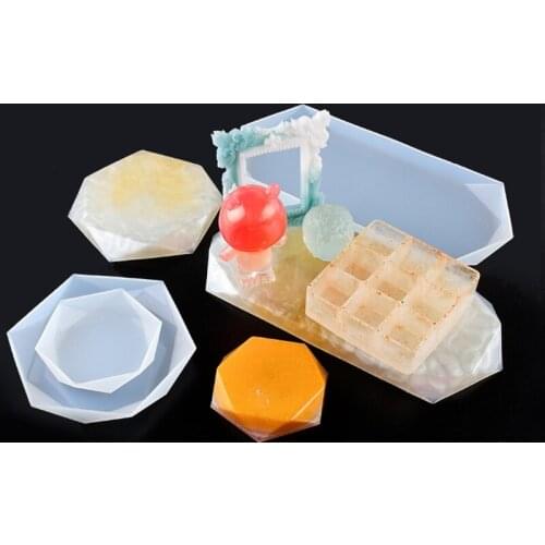 3Pcs Faceted Rectangle Hexagon Resin Casting Mold Hexagonal Tray Silicone Mold LX9E