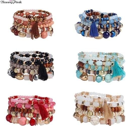Banny Pink Bohemia Multi Beads Strand Bracelets For Women Handmade Statement Bangle Bracelet Beach Tassel Charm Bracelet Pulsera