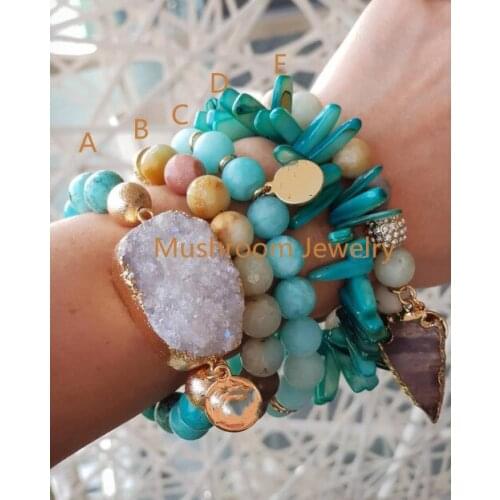 Boho Faceted Amazonite jasper Arrow Bracelets with Gold Druzy Turquoises or Blue CHip Boho Stretch Stack Bracelet