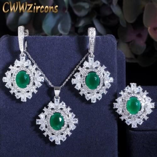 CWWZircons 3pcs Shiny Green Stone Zircon Flower Drop CZ Necklace Earring and Ring Elegant Women Party Costume Jewelry Sets T434