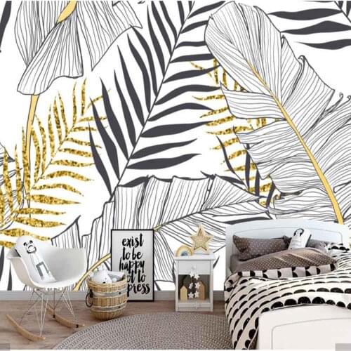 European 3D Hand Painting Black White Banana Leaves Photo Wallpaper Mural for Sofa TV Background Wall Paper Rolls Printed Murals