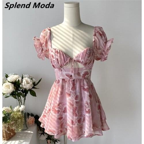 New Fashion Sweet Style Cute Floral Printed Jumpsuit Women Summer Street Style Chiffon Ruffled Square Collar Jumpsuits Female