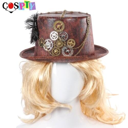 Cospty Carnival Party Retro Steam Punk Cosplay Bowler Gear Chain Feather Decor Brown Steampunk Round Top Hat