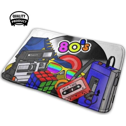 80’S Collage Soft House Family Anti-Slip Mat Rug Carpet 80 Eighties 1980 Vinyl Cassettes Walkman Polaroid Rubic Cube Disco