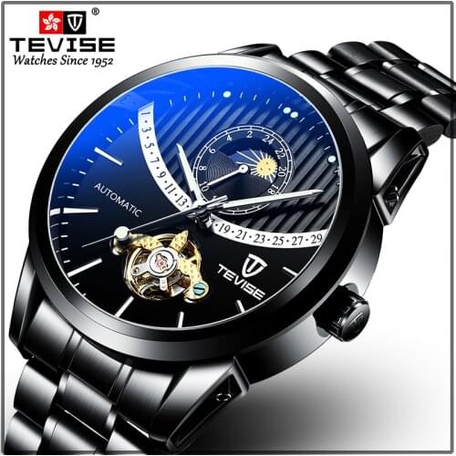 TEVISE Men Mechanical Wristwatches 8378F Watch Men Moon Phase Luminous Hands Waterproof Mens Automatic Watch Clock Male 2020