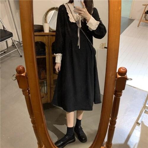 Autumn New Retro A- line High Waist Mid-Length Fashion Stitching V-neck Long-Sleeve Woman Dresses Vestido De Mujer Femme Robe