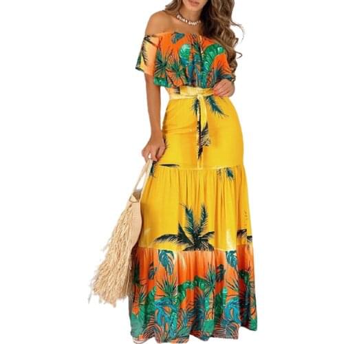 Holiday Lady Sexy Boho Style Off Shoulder Tropical Print Ruffles High Waist Summer Casual Womens Yellow Maxi Dress With Belt