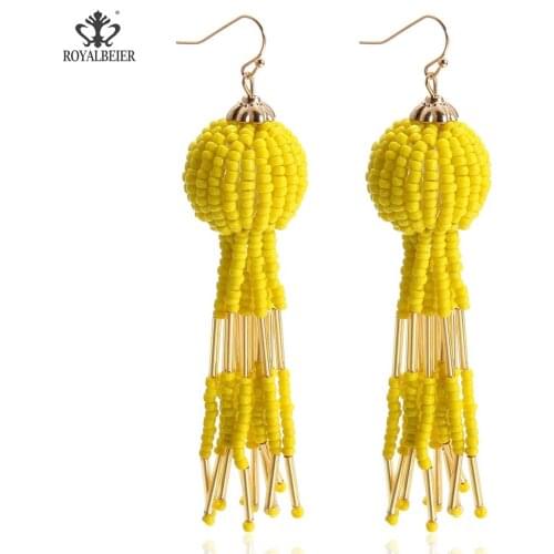 ROYALBEIER Multi Colors Glass Bead Long Tassel Earring Handmade Tassels Drop Earrings Jewelry Party Dangle Earrings ES0274