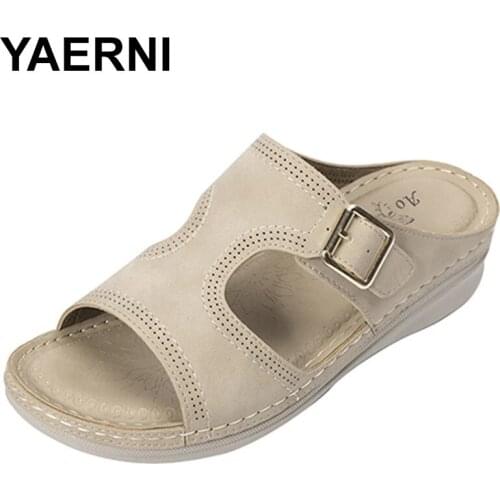YAERNI Women Summer Shoes Resistant Slip On Women Sandals Flat Buckle Strap Sandels For Women Slipper Thick Bottem Ladies Shoes