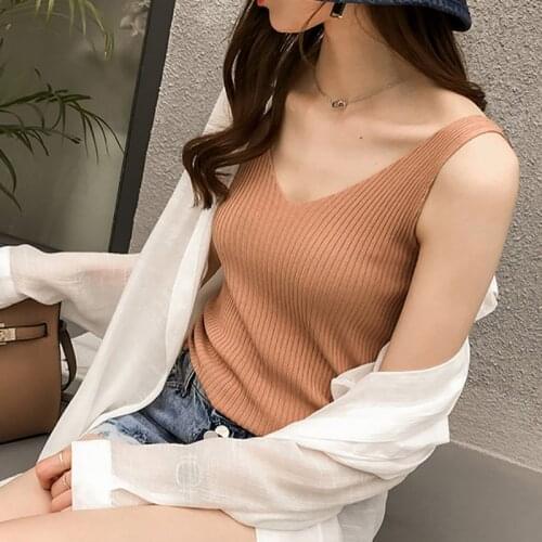 Sexy Knitted Top Tank Women Sexy V-Neck Sleeveless Vest T-Shirt Summer Ladies Slim Strap Short Tops