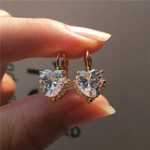 Luxury Female Small Heart Earrings Gold Color Clip Earrings For Women Crystal White Green Yellow Purple Stone Earrings