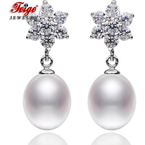 Snowflake Cubic Zirconia 925 Sterling Silver White Freshwater Pearl Drop Earrings for Women Pearl Jewelry Gifts FEIGE