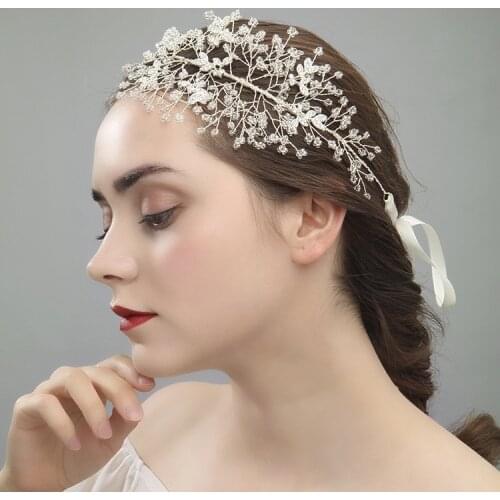 Generous Bridal Silver color Headband Tiara Beaded Wedding Hair Crown Accessories Headpiece for Women
