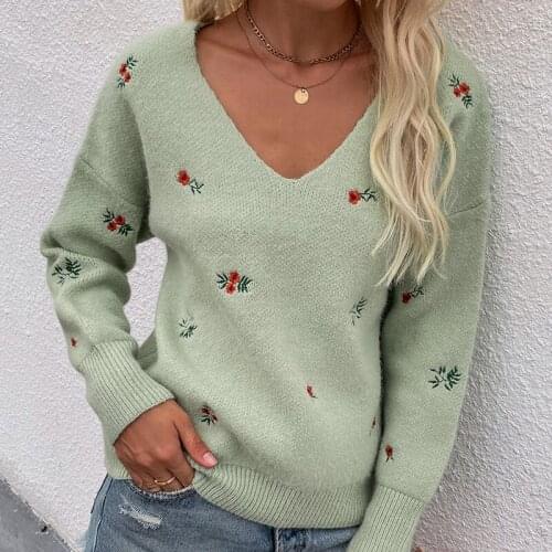 Floral Embroidery Sweaters for Women Autumn Winter 2021 Girl Casual V Neck Oversized Sweater Pullover Knitted Top White Jumper