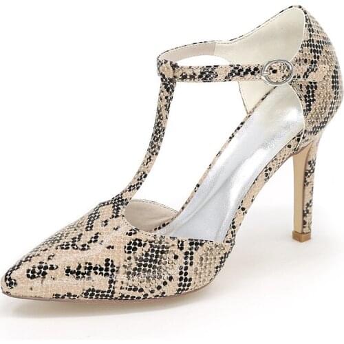 High Heels Snakeskin Shoes Women Pointed Toe Stiletto Heels Ankle Buckle Strap Evening Prom Party Dress Pumps Lady