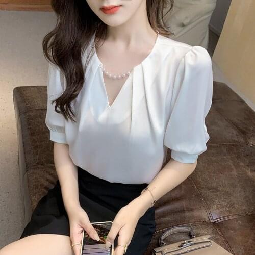 2021 Summer women tops korean fashion hollow beading round neck blouse women short sleeve elegant blusas mujer OL Office Shirt