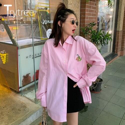 Trytree Spring Autumn Blouse Women Casual Striped Dinosaur Printed Turn-down Collar Single Breasted Office Lady Shirt Loose Tops