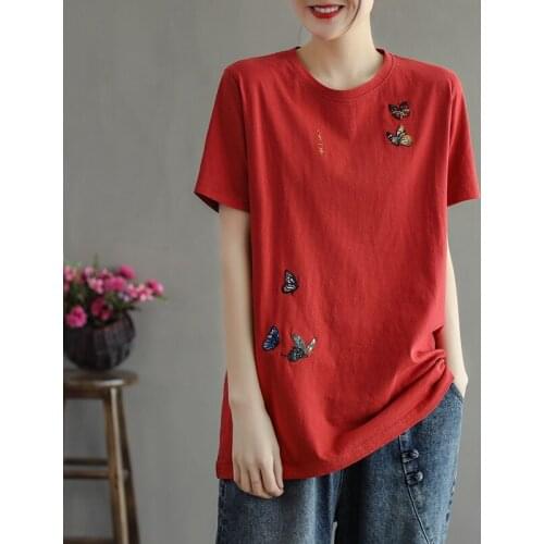 Summer Chinese Style Clothing Women Retro T-Shirt Embroidery Tops Cotton Shirt Traditional Elegant Fashion Oriental Tops 12730