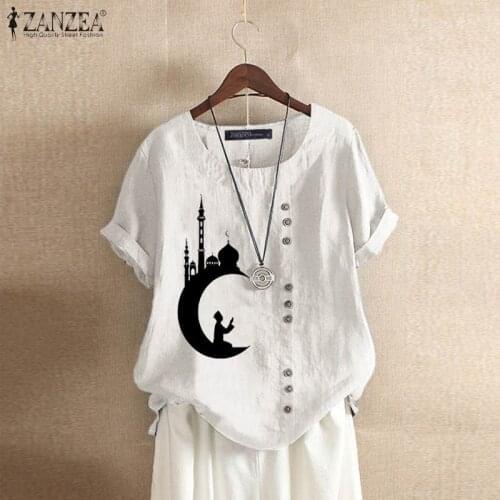 ZANZEA Women Vintage Blouse Vintage Summer O Neck Short Sleeve Cartonn Printed Tops Loose Blusas Shirt Chemise Tunic Plus Size
