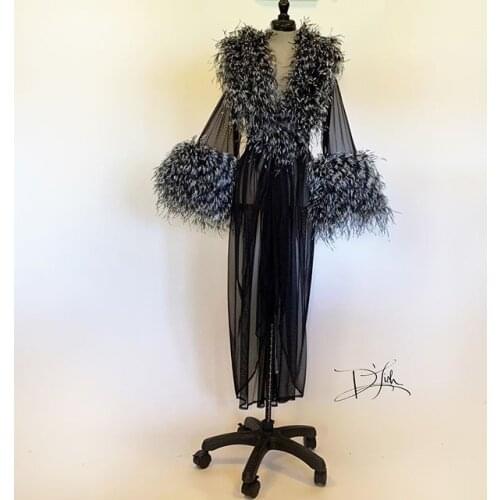 Womens Faux Fur Robe Black Kimono Pregnant Prom Sleepwear Women V Neck Bathrobe Sheer Nightgown Prom Bridesmaid Shawel