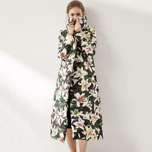 Thickened and lengthened down jacket new womens brand Lily printed standing collar down jacket in winter of 2019