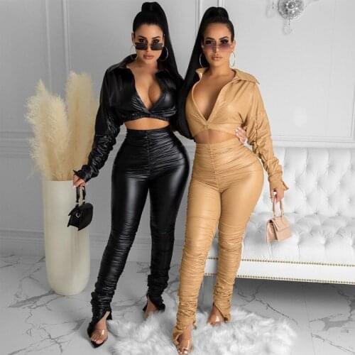 Women Tracksuit 2020 Winter 2PCS PU Sets Outfits Long Sleeve Pleated Deep V Neck Coat Tops Stacked Pants Joggers Sweatpants